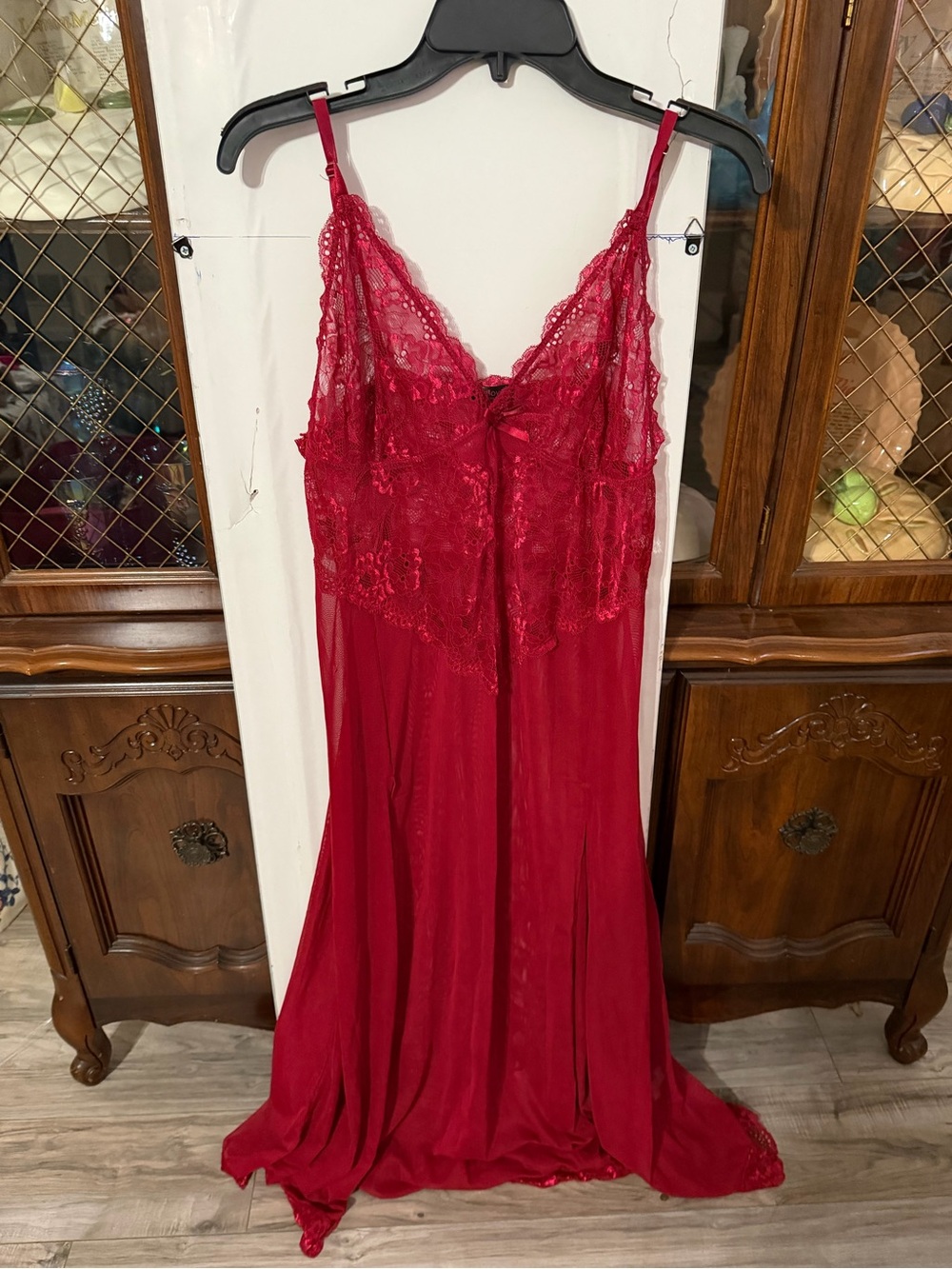 Red Lace & Satin Long Nightgown - Women's Intimates